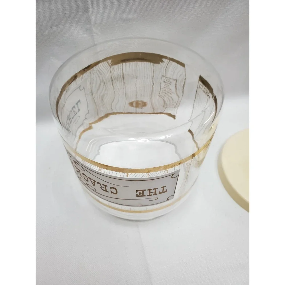 1960's Pyrex The Cracker Barrel Glass Cookie Candy Canister Jar Clear Gold W/Lid